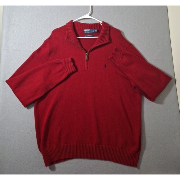 Polo Ralph Lauren Knit Sweater Mens 2XL Red Quarter Zip Red Pony Pullover XXL - Picture 1 of 7